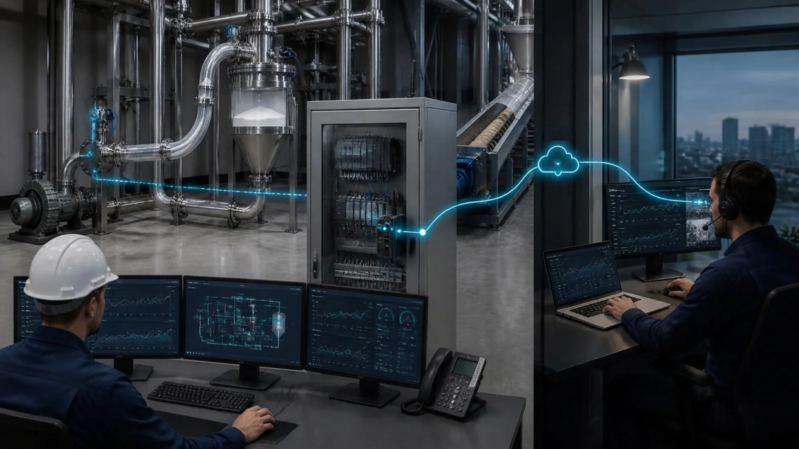 Engineer reviewing plant control system data for remote support