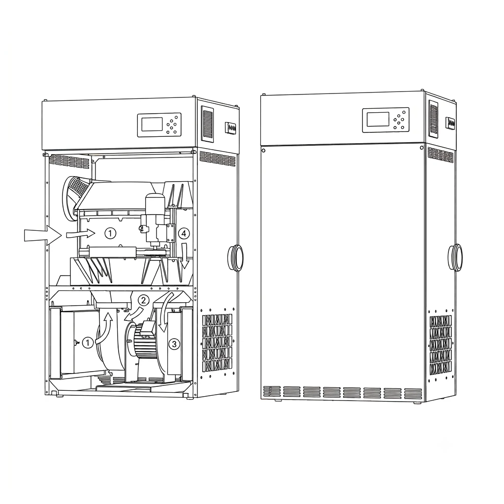 Technical drawing showing the internal and external views of industrial dehumidifiers
