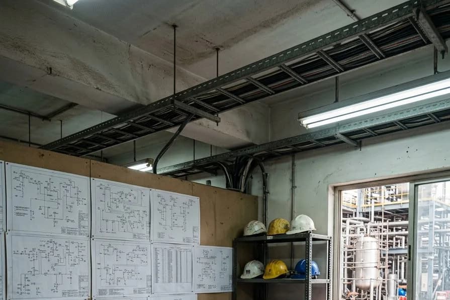 Engineers reviewing a process plant layout drawing and project schedule during a project progress meeting